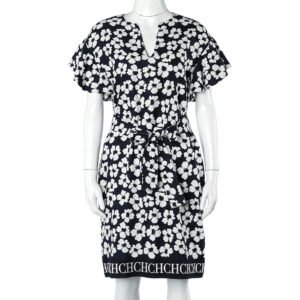 CH Carolina Herrera Navy Blue Floral Print Silk & Linen Belted Dress XS