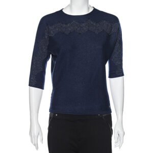 CH Carolina Herrera Navy Blue Wool & Lace Trim Detailed Jumper S