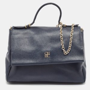 CH Carolina Herrera Blue Leather Minuetto Flap Top Handle Bag