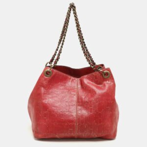 CH Carolina Herrera Red/Gold Monogram Leather Chain Tote