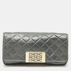 CH Carolina Herrera Metallic Grey Quilted Embossed Leather Flap Clutch
