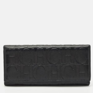 CH Carolina Herrera Black Monogram Leather Flap Continental Wallet