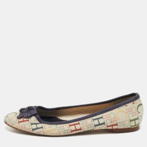 CH Carolina Herrera Cream/Blue Monogram Canvas Bow Ballet Flats Size 39