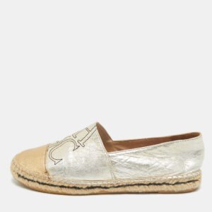 CH Carolina Herrera Silver/Gold Leather CH Logo Espadrille Flats Size 39