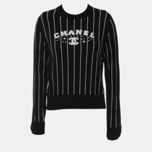 Chanel Black Crew Neck Stripes Logo Sweater S