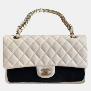 Chanel White Gold Button Caviar Leather Medium Bag