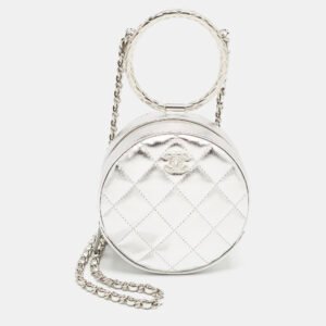 Chanel Silver Quilted Leather Round Bracelet Clutch
