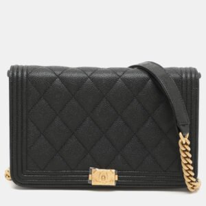 Chanel Black Quilted Caviar Leather Boy Wallet On Chain