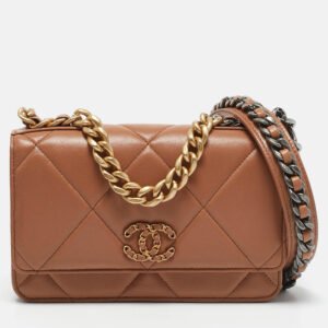chanel brown quilted leather 19 flap wallet on chain
