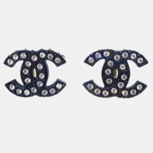 Chanel CC Black Rhinestone Clip-On Earrings