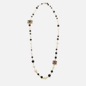Chanel Faux Pearl Black Beads Gold Tone CC Baroque Station Necklace