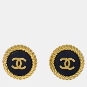 Chanel Gold Black Button Clip-On Earrings