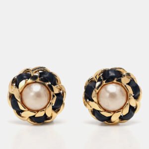 chanel gold/black faux pearl and leather chain iconic clip on earrings