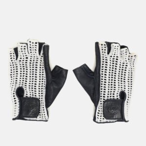 Chanel Navy Blue/White Leather and Crochet Fingerless Gloves
