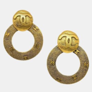 Chanel Dangle Hoop Earrings Clip-On Gold