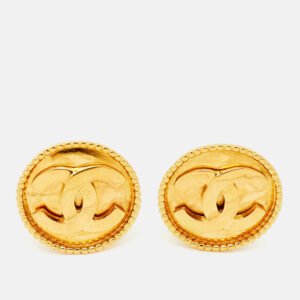 Chanel CC Gold Tone Round Clip-on Stud Earrings