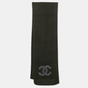 chanel black cc embroidered cashmere knit scarf