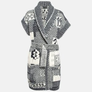 Chanel Black/White Intarsia Knit Cashmere Belted Cardigan S