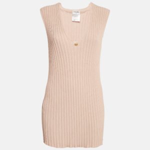 Chanel Pink Rib Knit V-Neck Mini Sweater Dress L