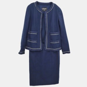 Chanel Navy Blue Collarless Jacket Skirt Suit Set Size 38