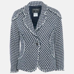 Chanel Navy Blue Tweed Fringed Button Front Jacket M
