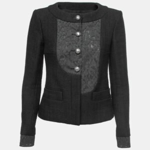 Chanel Black Cotton & Lace Button Front Collarless Jacket S