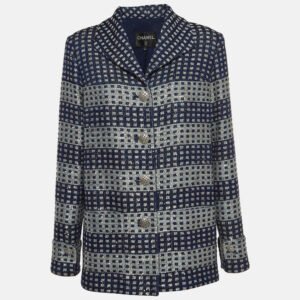 Chanel Blue Glitter Tweed Sequin Detail Long  Jacket L