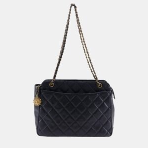 luxury-women-chanel-used-handbags-p1015175-009 Chanel Black Caviar Leather Quilted Chain Shoulder Bag