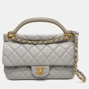 Chanel Grey Calfskin Quilted Small Lady Handle Clutch With Chain