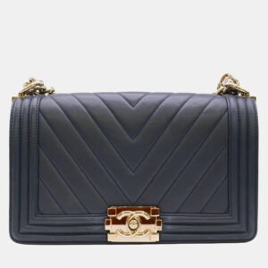 Chanel Navy Blue Lambskin Leather Medium Chevron Boy Shoulder Bag
