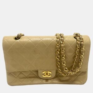 luxury-women-chanel-used-handbags-p1022127-002 Chanel Beige Leather Medium Classic Double Flap Shoulder Bags