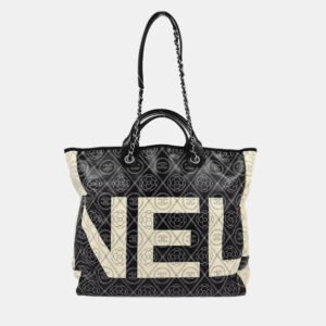 Chanel Black Printed Coated Canvas Logo Camellia Shopping Tote Bag