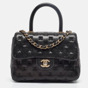 Chanel Black Cross Stitch Leather Mini Paris-Rome Coco Top Handle Bag