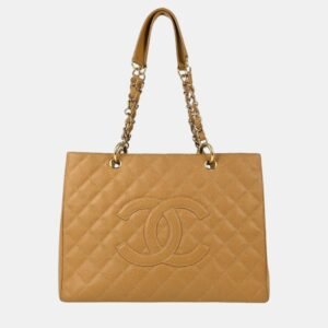 Chanel Beige Calfskin Grand Shopping Tote GST Chain Handbag