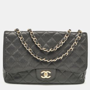 luxury-women-chanel-used-handbags-p1078298-011 Chanel Black Quilted Caviar Leather Jumbo Classic Single Flap Bag