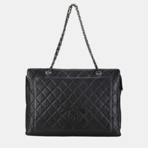 Chanel Black Silver Caviar Skin Coco Mark Chain Tote Bag