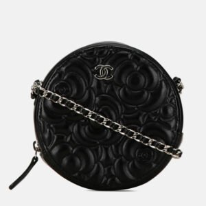 Chanel Black Leather Camellia Round Mini Chain Shoulder Bag