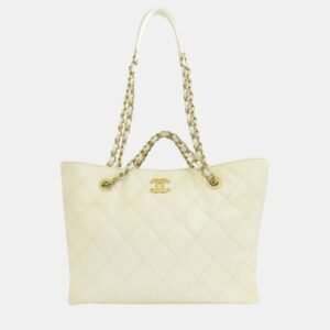 Chanel White Caviar  Leather Chain Tote Bag