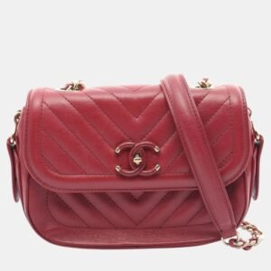 Chanel Red Reverse Chevron Quilted  Leather Round Top Handle  Bag