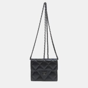 Chanel Black Lambskin Leather Chain Bi-Fold Wallet