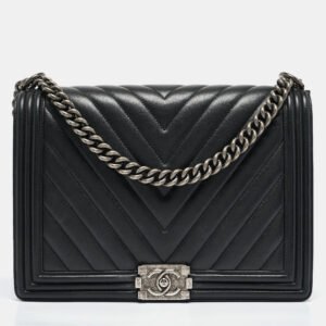 Chanel Black Chevron Leather Large Boy Flap Bag
