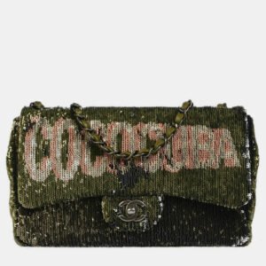 luxury-women-chanel-used-handbags-p1095756-011 Chanel Green Sequins Paris-Cuba Single Flap Shoulder Bag