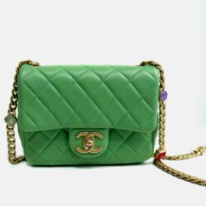 luxury-women-chanel-used-handbags-p1100398-001 Chanel Green Leather Quilted Mini Pearl Square Flap Bag
