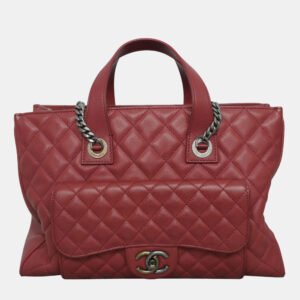 Chanel Red Caviar Leather Casual Pocket Tote Bag