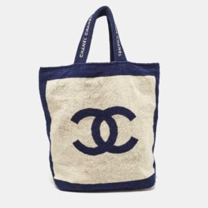 Chanel Navy Blue/Off White Terry Cotton CC Beach Tote