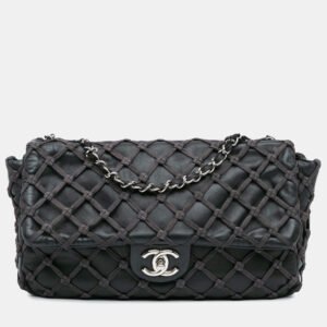 Chanel Black Jumbo Calfskin Canebiers Net Flap Bag