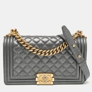 Chanel Metallic Grey Quilted Leather Medium Boy Flap Bag