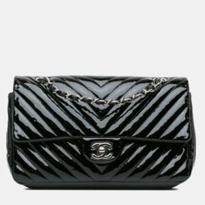 Chanel Black Patent Leather Medium Classic Chevron Double Flap Shoulder Bag