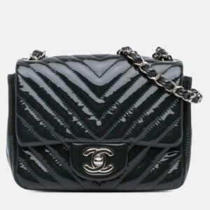 Chanel Navy Patent Leather Mini Square Classic Chevron Shoulder Bag