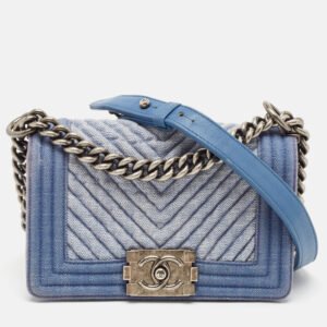 Chanel Blue Chevron Quilted Denim Small Boy Flap Bag